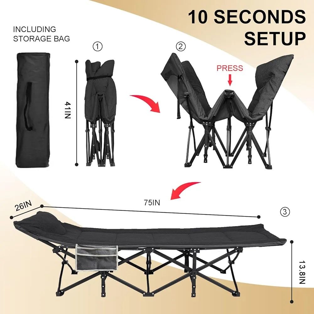 Lit de Camping Extra Large pour Adultes avec Poche latérale, pour l'extérieur, Voyage, Pliable