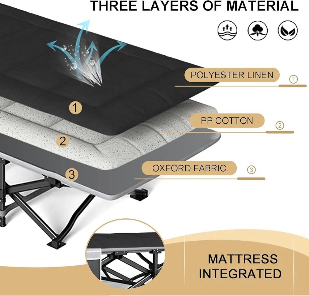 Lit de Camping Extra Large pour Adultes avec Poche latérale, pour l'extérieur, Voyage, Pliable
