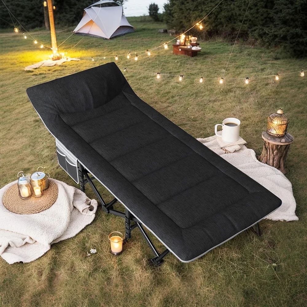 Lit de Camping Extra Large pour Adultes avec Poche latérale, pour l'extérieur, Voyage, Pliable