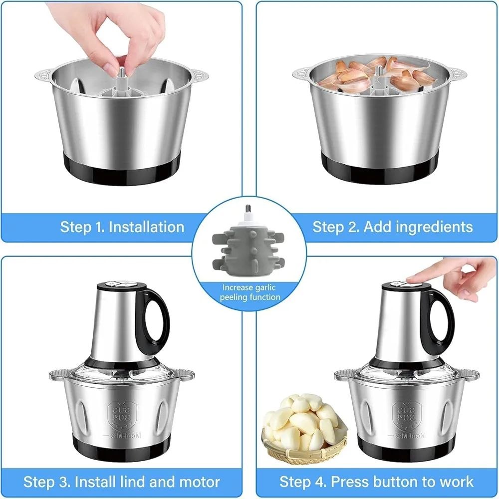 Hachoir à viande électrique,5L Coupe-légumes multifonction en acier inoxydable Avec 6 lames,5 vitesses, Mixeur Hachoir Idéal pour Viande, Légumes
