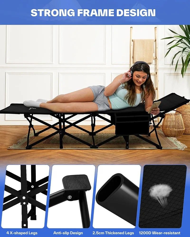 Lit de Camping Extra Large pour Adultes avec Poche latérale, pour l'extérieur, Voyage, Pliable