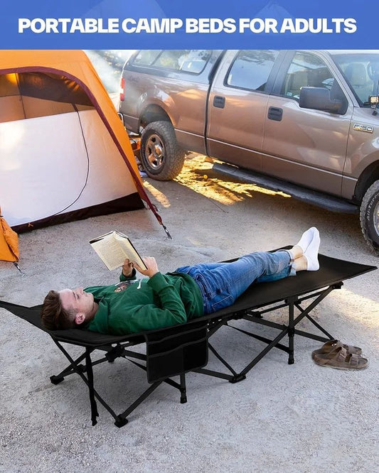 Lit de Camping Extra Large pour Adultes avec Poche latérale, pour l'extérieur, Voyage, Pliable