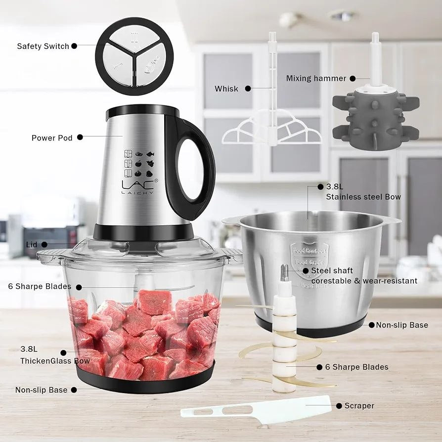 Hachoir à viande électrique,5L Coupe-légumes multifonction en acier inoxydable Avec 6 lames,5 vitesses, Mixeur Hachoir Idéal pour Viande, Légumes